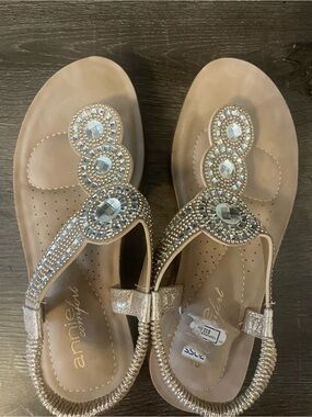 Annie Bejeweled Nude/Taupe T-Strap Sandals